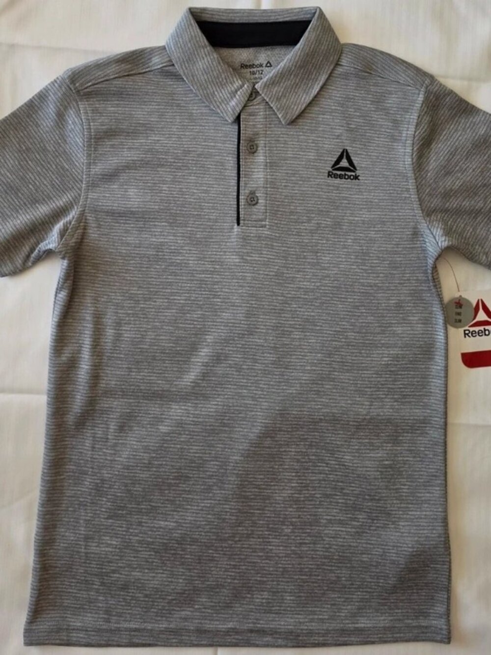 Reebok Gray Striped Polo Shirt Boys 10/12 Regular Slim Fit Polyester Short Sleev
